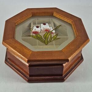 Vintage Mele octagonal wood jewelry box w faux floral stained glass window lid